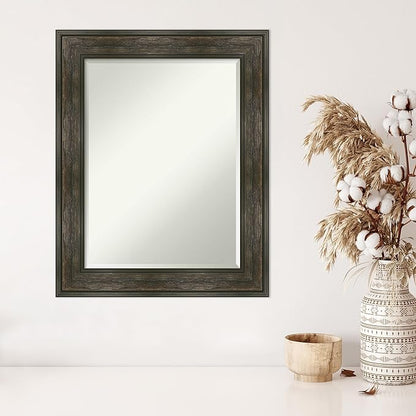 Amanti Art Brown Wall Mirror 30x24 Rail Rustic Char Rectangle Bathroom Mirror for Wall Decor Living Room, Medium Rustic Farmhouse Frame, Hangs Horizonally and Vertically, Bathroom Decor, Beveled Edge