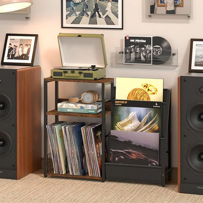 LELELINKY Record Player Stand with Vinyl Storage, 3 Tier Turntable Stand with Display Shelf Storage Up to 150 Albums,Brown End Table for Living Room