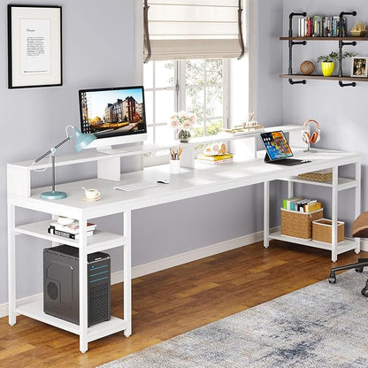 Tribesigns Two Person Desk with Monitor Stand, 78.74" Long Double Computer Office Desk with Storage Shelves, Large Gaming Desk Study Writing Table Workstation for Home Office (White)