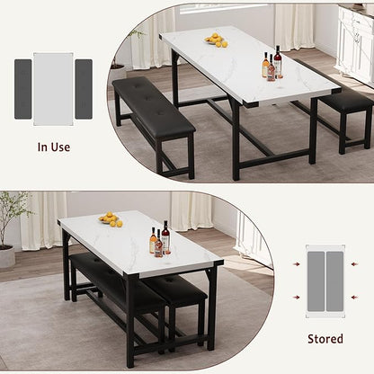3-Piece Dining Table Set for 4-6 People, Extendable Kitchen Table Set with 2 Upholstered Benches, Dining Room Table Set for Apartment, Kitchen, Living Room, Marble White