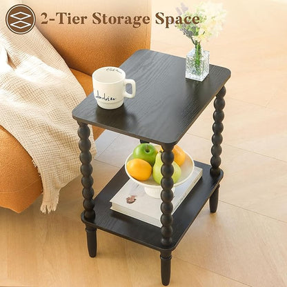 Black Side Table, Small End Table with 2-Tier Shelf, Vintage Night Stand with Storage for Bedroom Living Room, Small Spaces (Black)