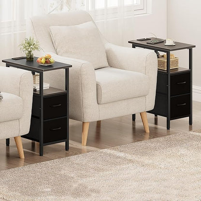 Vagusicc Set of 2 Black Nightstand with Charging Station and LED Lights, Narrow Side Table, LED Night Stand with 2 Fabric Drawers, Bedside Table Small End Table, Tall Nightstand for Bedroom, Black