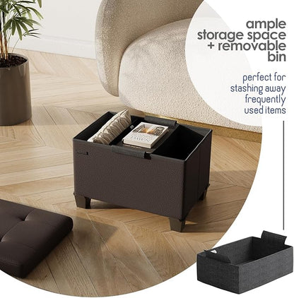 STORAGEBUD Storage Ottoman Cube with Small Bin, 16-in Square Ottoman with Storage for Living Room and Bedroom, Small Ottomans Foot Rest, Faux Leather Foot Stools Ottomans Max 330lbs, Brown