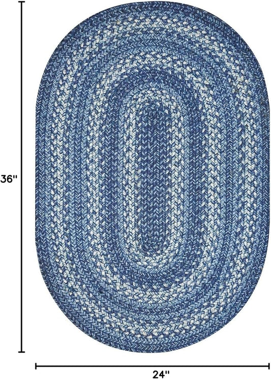 Denim Blue Oval Braided Rug, 2x3' - Handmade with Jute, Coastal Country Decor, Perfect for Bathrooms and Entryways - Reversible and Easy to Clean