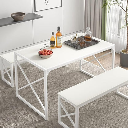 VECELO Kitchen Dining Table Set for 4, 55" Wood Rectangle Dinette with 2 Benches, Heavy-Duty Metal Frame for Small Space, Breakfast Nook, White