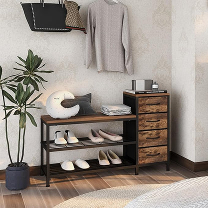 EXOTICA 3-Tier Shoe Storage Bench Industrial Entryway Shoe Rack with 4 Drawers and Seating Shoe Shelf Storage Cabinet for Hallway Front Door Doorway Living Room Mudroom Steel Frame