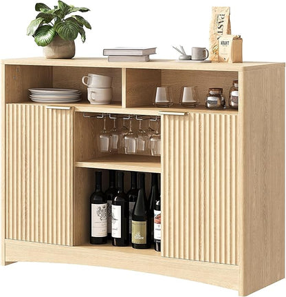 Marsail 47.2" Bar Cabinets with Storage, Modern Buffet Cabinet, Large Sideboard with 2 Fluted Panel Doors, Coffee Bar Cabinet with Adjustable Shelf and Glass Rack for Kitchen, Living Room, Natural Oak