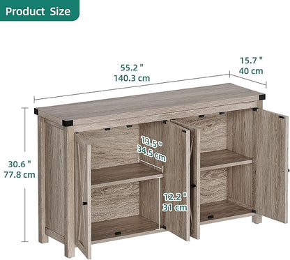 YITAHOME Buffet Cabinet with Storage, 55'' Modern Farmhouse Coffee Bar Cabinet w/4 Doors ＆Adjustable Shelf, Wood Large Kitchen Storage Cabinet with Barn Doors for Kitchen, Living Room, Grey-Brown