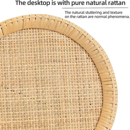 Drink Table，Rattan Round Small Side Table for Small Spaces, Boho Circle End Table Coffee Table with Solid Wood Leg for Living Room, Pedestal Table for Bedroom, Corners
