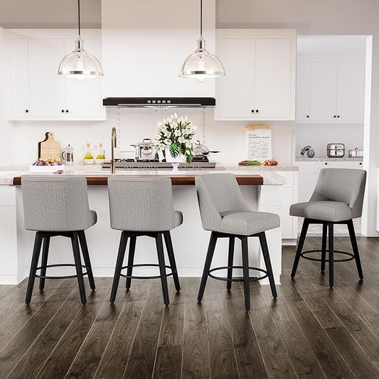 Counter Height Swivel Bar Stools Set of 4, 26 Inch Bar Stools with Footrest, Linen Fabric Upholstered Barstools with Back and Solid Wood Legs for Kitchen Island, Dining Room,Pub,Light Grey