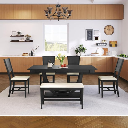 Ball & Cast Dining Table Set for 6,6-Piece Kitchen Table Set W/ 1 Bench & 4 Cushioned Chairs,59" Rectangular Desk W/Half Round Legs & Rectangle Base,for Dining Room,Kitchen,Restaurant,Gray