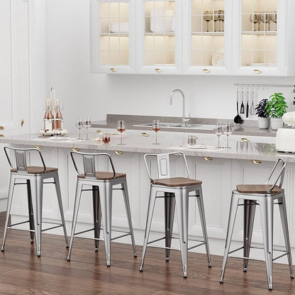 30 Inch Swivel Bar Stools Set of 4 with Backs Counter Height Industrial Metal Barstools Island Bar Chairs for Home Kitchen Dining Room (Swivel 30 inch, Silver Wooden)