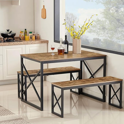 VECELO Kitchen Table with 2 Benches for 4, Wood Dining Room Dinette Sets with Metal Frame for Breakfast Nook and Small Space, Brown