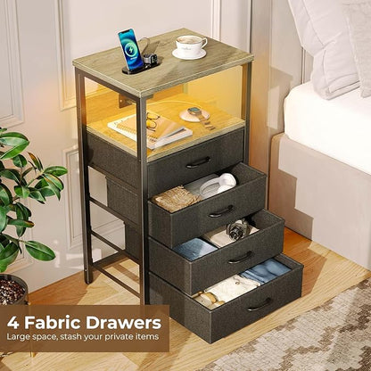 Seventable Night Stand with Charging Station, Tall Nightstand with 4 Fabric Storage Drawers, Side Table with LED Light for Bedroom, Entryway, Greige, Set of 2