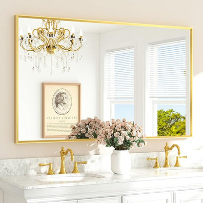 TETOTE Brushed Gold Mirror Beveled Frame 60" x 36" Large Brass Gold Rectangle Bathroom Vanity Wall Mirror for Over Sink, Modern Farmhouse, Tempered Glass, Shatterproof, Stronger Frame