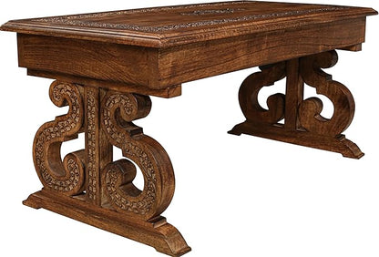 Lightnpro Handcrafted Mango Wood Rectangular Coffee Table - Vintage Rustic Living Room Center Table with Intricate Carving, Modern Farmhouse Style, Eco-Friendly Furniture - 40x18 Inch Burnt Finish