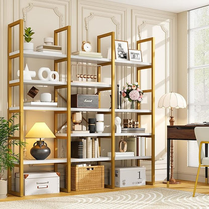 Semoic Large Bookshelf 5 Tiers, Triple Wide Geometric Bookcase, 71 Inches Tall Industrial Book Shelves Etagere Book Case, Sturdy Metal Frame, Freestanding Display Shelving Unit (Gold and White)
