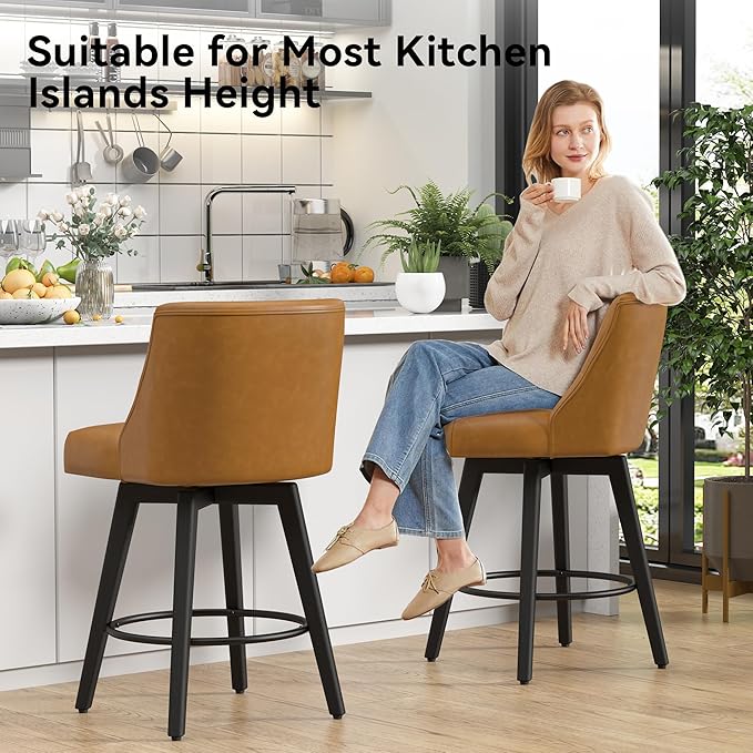 Vipbear Swivel Counter Height Bar Stools Set of 3,26.8" H Counter Stools with Back, Mid Century Modern Bar Stools for Kitchen Island,Faux Leather,Wooden Base, Brown
