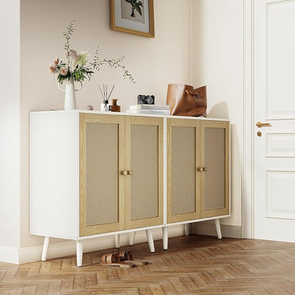 Rattan Storage Cabinet, Small Sideboard Buffets Storage Cabinet with Doors for Kitchen & Entryway Storage, White
