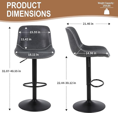 Bar Stools Set of 2, Swivel Counter Height Barstools with Back, Adjustable Bar Chairs, Tall Armless PU Leather Kitchen Island Stool (Black)