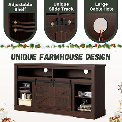 YESHOMY Fireplace TV Stand for Television up to 65+ Inch with Storage and Farmhouse Sliding Barn Doors, Entertainment Center with Cabinet and Shelves, Media Console for Living Room, Dark Brown