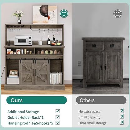 YITAHOME Buffet Cabinets with Storage, 47" Coffee Bar with Goblet Holder & Power Outlet, Farmhouse Sideboard Cabinets with Sliding Barn Doors for Kitchen, Living Room (Rustic Grey Oak)