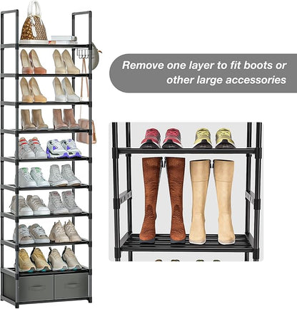 Tall Shoe Rack Narrow 10 Tier Shoes Rack 20 25 Pairs, Shoe Storage Organizer for Closet, Sturdy Metal Shoe Shelf Shoe Stand with 2 Boxes 1 Hook