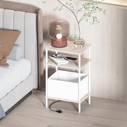 Small Side Table with Charging Station, End Table for Small Spaces, Slim Nightstand with Outlet,Sofa Beside Table, 3-Tier Storage Shelf,Living Room, Bed Room, Natrual Oak