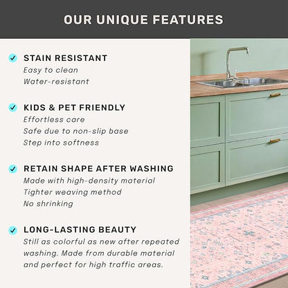 Nursery Area Rug 4x6 - Pink Rugs for Girls Bedroom, Living Room - Washable Low Pile Non-Slip Charming Boho Vintage Traditional Oushak Design, Perfect for Kids Rooms