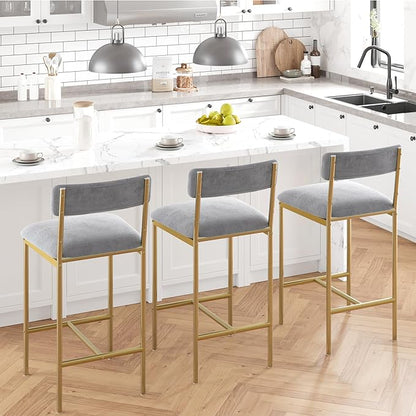 GarveeHome Bar Stools Set of 2, Upholstered Counter Height Bar Stools with Backrest and Footrest, Kitchen Barstools for Island, Counter Bar, Easy Assembly, Gold-Gray