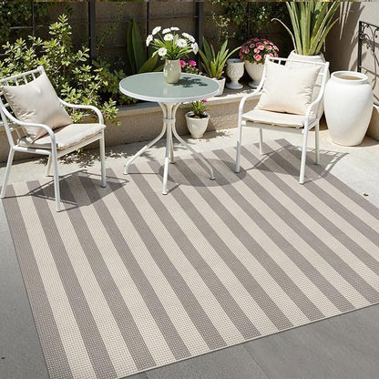 OJIA Outdoor Rug 5'x7' Striped Patio Rug Washable Indoor Outdoor Carpet Cotton Woven Outside Farmhouse Enrtyway Rug Large Area Rugs for Living Room Bedroom Backyard (Gray/White/Tan)