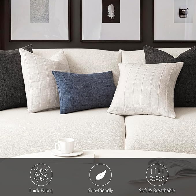 Foindtower Set of 2 Decorative Linen Check Throw Pillow Covers Neutral Farmhouse Vintage Cushion Covers Modern Boho Home Decor for Sofa Chair Couch Bedroom Living Room Outdoor,16×16 Inch,Charcoal