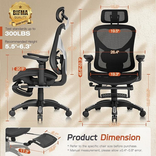 Ergonomic Office Chair, Mesh Desk Chair with Footrest, 3D Armrest - 215° Rotation, Adjustable Lumbar Support & Headrest, 90°-120° Tilt Lock, Big and Tall Computer Gaming Chairs, Black