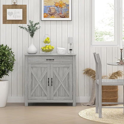 HOMCOM Farmhouse Sideboard Buffet Cabinet, Barn Door Coffee Bar Cabinet with Drawer and Adjustable Shelf, for Living Room, Entryway, Stone Gray