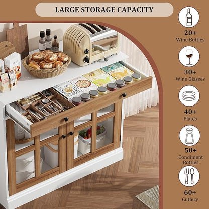 GarveeHome 35.4" Sideboard Buffet Cabinets with Glass Door, Buffet Cabinet with Storage, White&Brown Sideboard Cabinet with Drawer, Modern Buffets & Sideboards for Dining Room, Kitchen