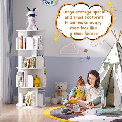 Rotating Bookshelf, Wood Corner Bookshelf, 360 Display Spinning Bookcase Storage Rack, 4 Tier Floor Standing Revolving Bookcase Narrow Book Shelf Organizer for Small Space, Bedroom, White