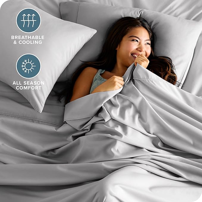 Bare Home Split Head Flex King Sheet Set - 1800 Ultra-Soft Microfiber Bed Sheets - Double Brushed - Deep Pockets - Easy Fit - 4 Piece Set - FlexTop King Bedding (Split Head Flex King, Light Grey)
