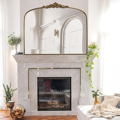 Vintage Gold Ornate Baroque Mirror - 36"X30" Arched Antique Brass Mirror with Full Metal Frame - Ideal for Entryway, Fireplace, Living Room, Hallway, Bathroom