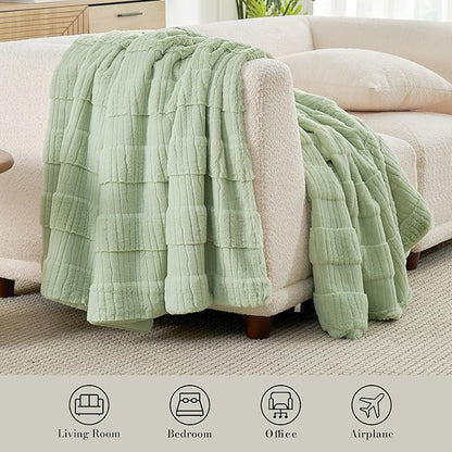 Amélie Home Luxury Striped Faux Fur Throw Blanket for Couch, Embossed Split Fur Cozy Fuzzy Fluffy Luxurious Soft Plush Sofa Chair Bed Gift Blankets for Women Men Wife Friend, 88"x90", Sage Green