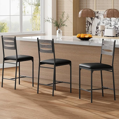 GarveeHome Bar Stools Set of 2, Wooden Barstools, Faux Leather Upholstered Bar Chair with Back & Footrest & Thick Cushion, Counter Height Bar Stools for Kitchen Island Apartment, Grey