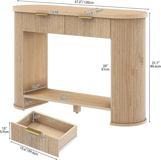YITAHOME 47.2" Farmhouse Console Table for Entryway, Entry Hallway Foyer Table with 2 Drawers and Storage Shelf, Large Sofa Behind Couch Fluted Oval Desk for Hallway Living Room, Oak Color