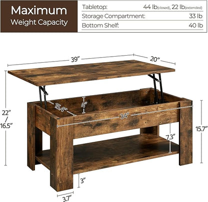 Yaheetech Vintage Coffee Table, Lift Top Coffee Table with Large Hidden Storage Shelf, Lift Tabletop Dining Table for Living Room, Home Small Space, 38.6in, Rustic Brown