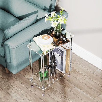 Clear Acrylic Narrow Side Table Set of 2 for Small Spaces, 15.75" L x 7.87" W x 19.82" H, 2 Tier Rectangle Slim End Table Nightstand, Small Bedside Table for Bedroom, Bathroom, Living Room