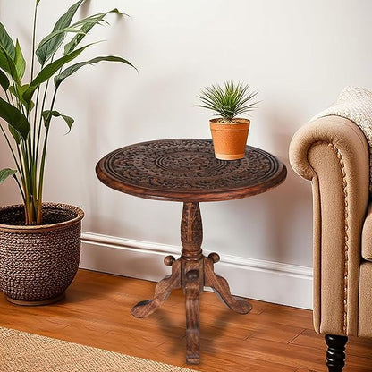The Wooden Town Handcrafted Carved Round Side Table – 18x21 Inch Coffee Table for Living Room | Solid Wood Accent End Table with Pedestal Base | Altar Table for Home Décor