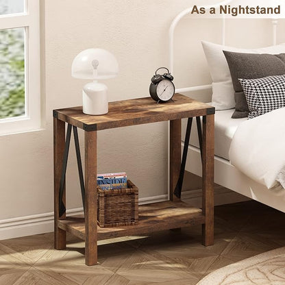 ChooChoo Farmhouse End Table for Small Spaces, Narrow Side End Table with Storage Shelf, Rustic A-Design Nightstand Sofa Table for Living Room, Bedroom (Rustic Brown) 2 Pack