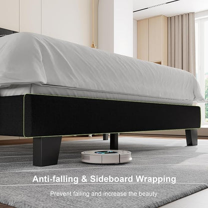 Feonase Queen Platform Bed Frame with Button Tufted Headboard, Upholstered Linen Bed with Wooden Slats Support, No Box Spring Needed, Easy Assembly, Noise-Free, Black