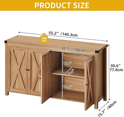 DWVO 55'' Sideboard Buffet Cabinet with Storage, Farmhouse Kitchen Storage Cabinet with Doors, Large Coffee Bar Cabinets with Adjustable Shelves for Kitchen, Living Room, Oak