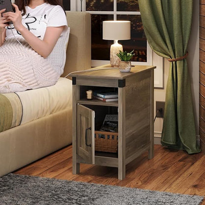 WLIVE Farmhouse End Table Set of 2 with Charging Station, Narrow Side Tables Living Room, Bedroom, Couch with USB Ports and Outlets, Wood Nightstand Sets with Storage, Greige
