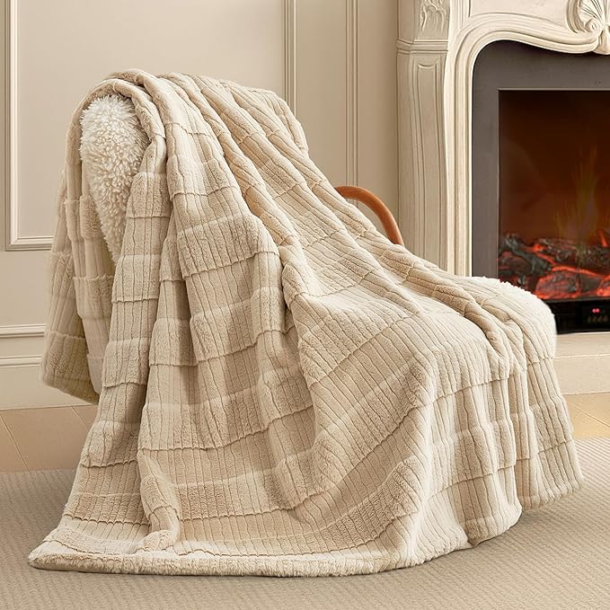 Amélie Home Luxury Striped Faux Fur Throw Blanket for Couch, Embossed Split Fur Cozy Fuzzy Fluffy Luxurious Soft Plush Sofa Chair Bed Gift Blankets for Women Men Wife Friend, 88"x90", Beige