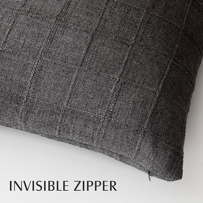 Foindtower Set of 2 Decorative Linen Check Throw Pillow Covers Neutral Farmhouse Vintage Cushion Covers Modern Boho Home Decor for Sofa Chair Couch Bedroom Living Room Outdoor,22×22 Inch,Charcoal